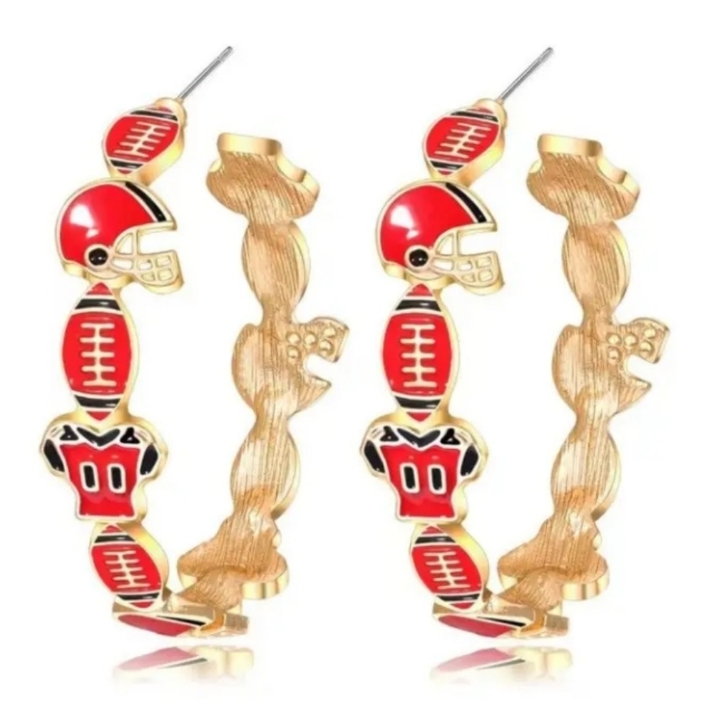 Georgia Bulldog Themed Goldtone With Red & Black Hoop Earrings